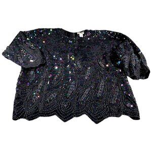 Jordan NY Top Womens L Black Silk Sequin Bead Paisley Evening Event Glam Vintage